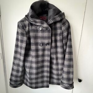 Kristen Blake Plaid Hooded Coat Gray Black Cozy PNW Layer